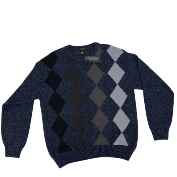 Cellini Men's Medium Argyle Wool Blend Sweater Blue Gray Diamond Knit Retro‎ - Picture 1 of 9
